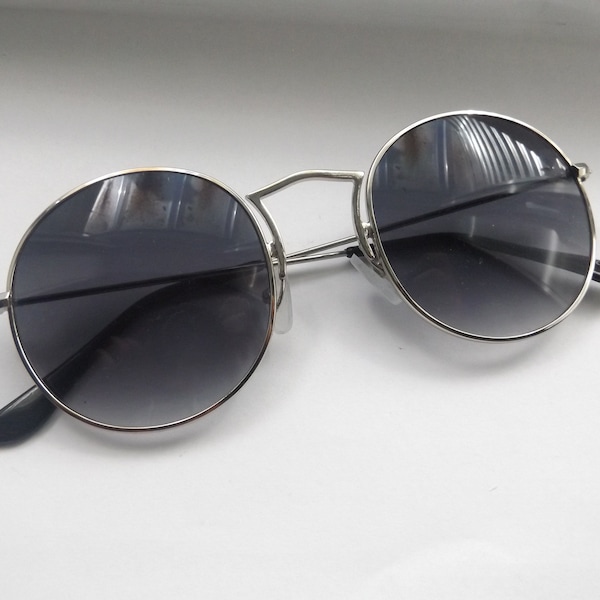 90s grunge round sunglasses, small circle john Lennon eyewear - unisex dark lens metal glasses, vintage 1990s hippie boho thin metal frame