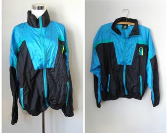 neon windbreaker jacket - size l / large - vintage 90s wilson men's women's athletic coat - hipster outerwear - 1990s hip hop track jacket