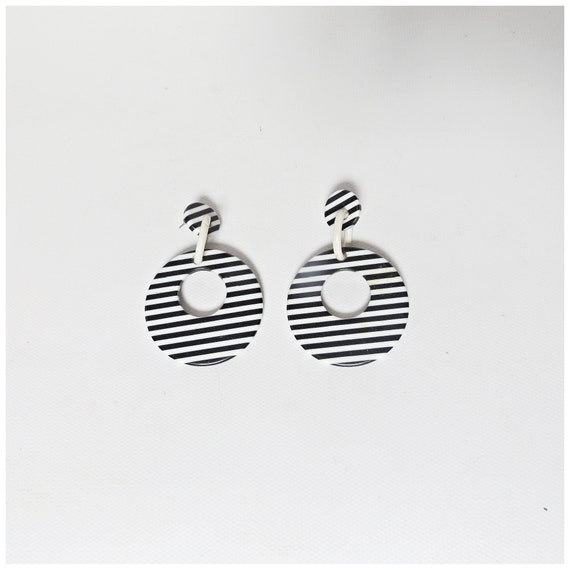 vintage 80s black white stripe earrings - oversiz… - image 1