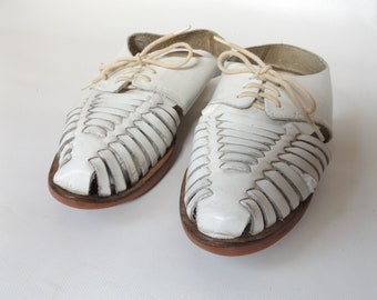 Sandalias huarache vintage de los 90, mules de piel trenzada blanca con tira en el talón, talla 7