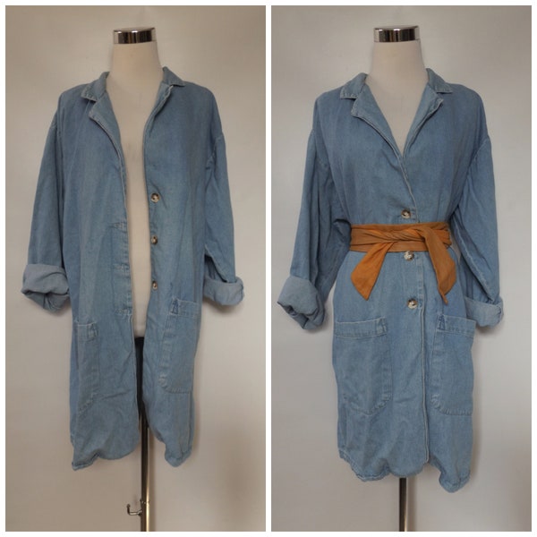 vintage 90s oversize denim blazer - size medium M - oversized boxy fit cotton blue jean jacket - ladies suit coat dress - 1990s minimalist