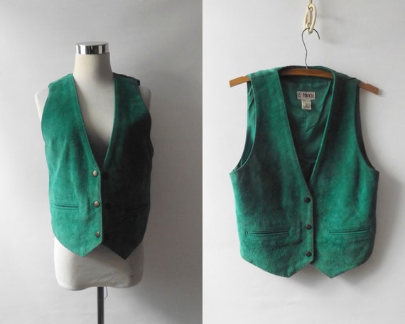 vintage 80s Kelly green suede leather vest, mediu… - image 1