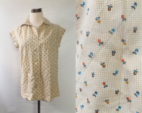 70s handmade small floral print blouse, small, br… - image 1