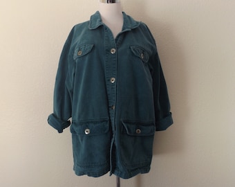 90s Green Denim Chore Jacket, Unisex Cotton Work Coat, Oversized Boxy Fit