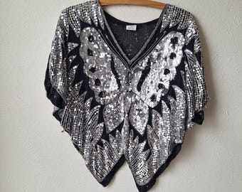 Blusa vintage de mariposa con lentejuelas de los años 80: Top disco plateado y negro