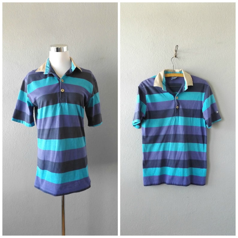 ocean pacific stripe polo shirt vintage 80s blue purple worn in faded mens size mmedium top hipster grunge 1980s women blouse hippie boho