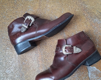 vintage bruine Ariat enkellaarsjes uit de jaren 90, damesmaat 7,5, western leren enkellaars met gesp, damesschoenen in touwstijl, preppy jaren 90