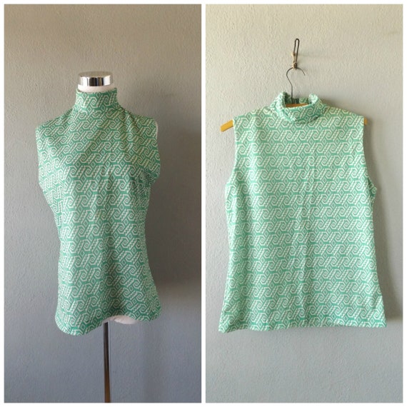 mod aztec green blouse | vintage 60s sleeveless tu