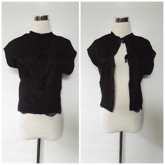 30s black lace blouse / vintage rayon silk sheer f