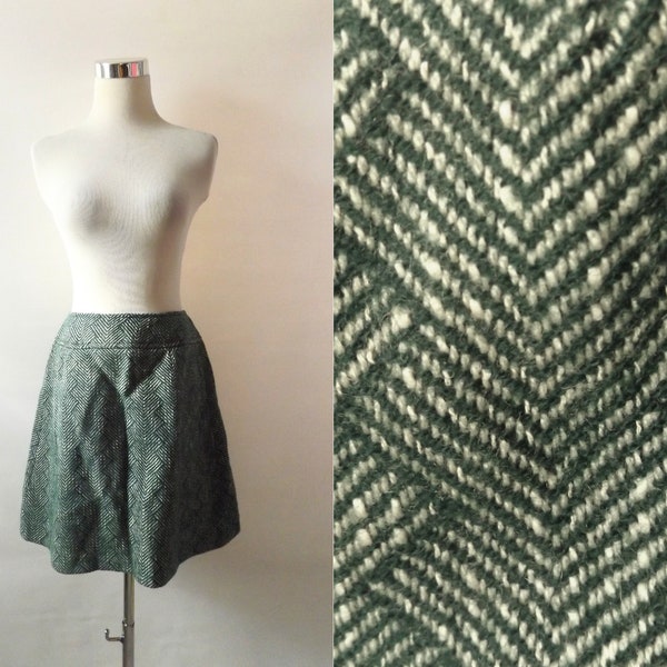 60s mod wool mini skirt, size 11, green and white striped geometric print mid-thigh skirt, vintage 1960s modern preppy women's fashion