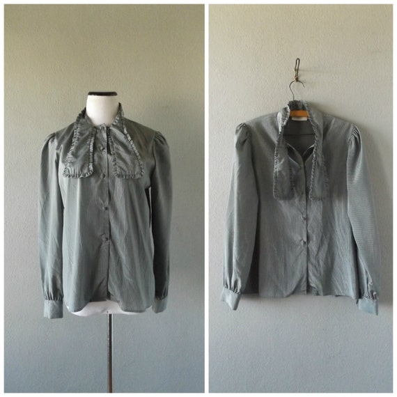 Stripe Ascot Bow Blouse Vintage 80s Gray Black Thi