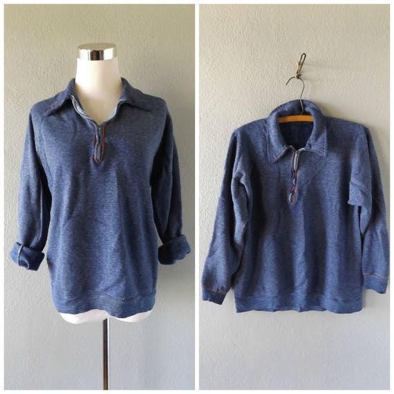 Grunge Half Zip Shirt Vintage 60s Blue Butterfly Collar Top Men