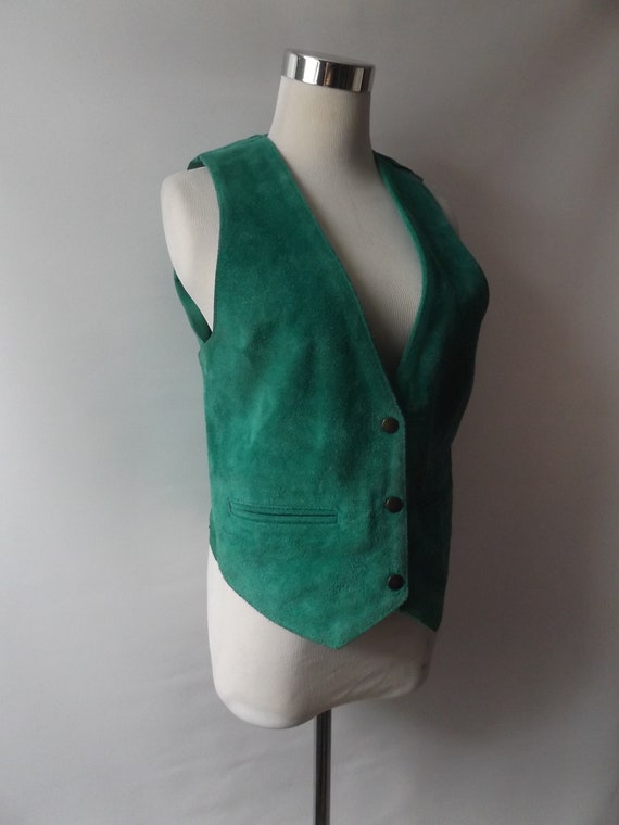 vintage 80s Kelly green suede leather vest, mediu… - image 3