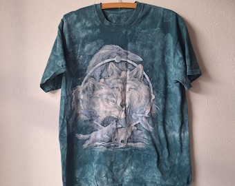 vintage 2000's The Mountain wolf and moon graphic print shirt, unisex size large L, aqua green tie dye outdoor wolve animal print tee tshirt