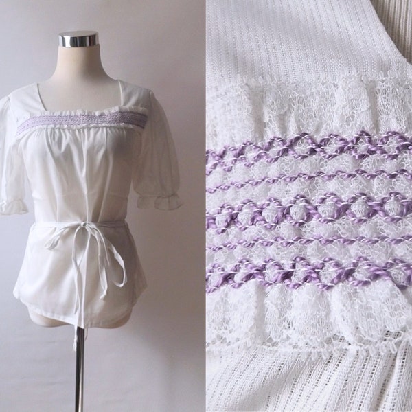 vintage 70s ruffled embroidered belted blouse, size small medium, semi sheer white striped tunic, purple embroidery, 1970s boho hippie top