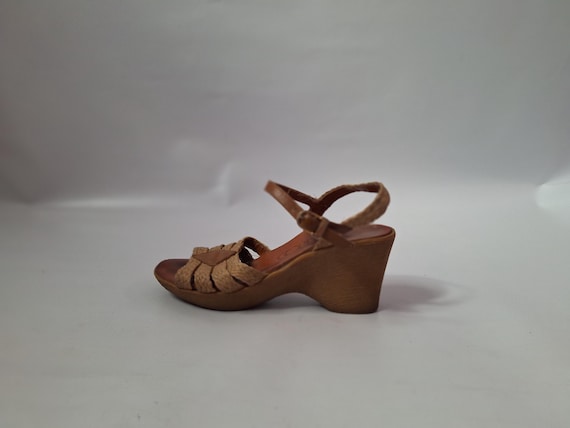 Vintage 80s Woven Straw Wedge Sandals, Women's Size 5
