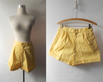 pantalones cortos vintage de cintura alta de color amarillo brillante de los años 80, talla 15/16 mediana grande, pantalones cortos plisados de cintura alta para mujer, moda preppy minimalista de los años 80