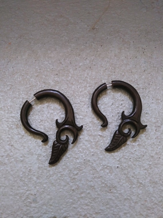 handcarved wood oversized hoop earrings - dark sta