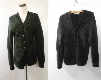 50s men's cardigan sweater, small medium, army green black button down grandpa sweater, vintage 1950s rockabilly button up knit top preppy