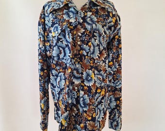 vintage 70s floral western pearl snap shirt, blue and white all over flower print flannel country cowboy oxford, 1970s hippie boho unisex