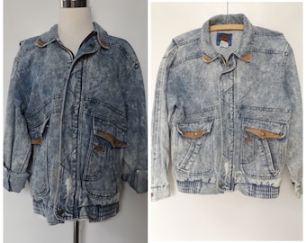 Acid Wash Denim Bomber Jacket Size Medium - Vintage Blue Jean Unisex Coat - 1980s Men's Women's Outerwear Layering Clothing - Hipster Grunge