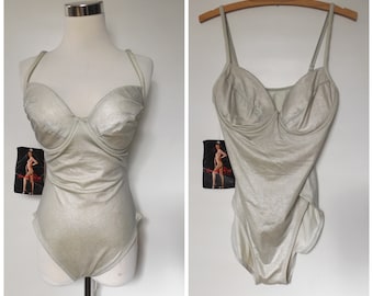 Deadstock 90s Silver Metallic Bodysuit Size 12 Tall Large Vintage Strappy Underwire Catsuit 1990s Grunge Hippie One Piece Fitted Camicetta Top