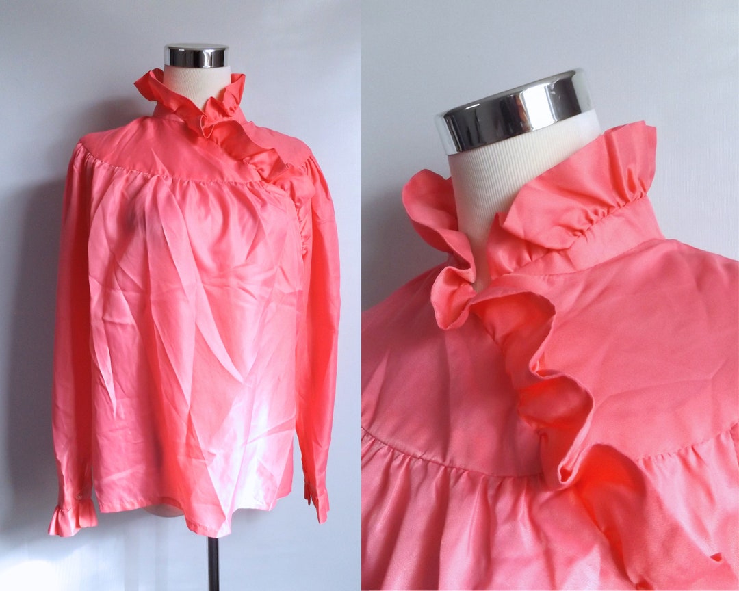 Vintage 70s Pink Ruffled Blouse, Size Small Medium, High Neck Pullover ...