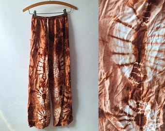 90s brown tie-dyed rayon pants, unisex size small medium flowy lightweight summer high waist joggers, vintage 1990s hippie boho festival