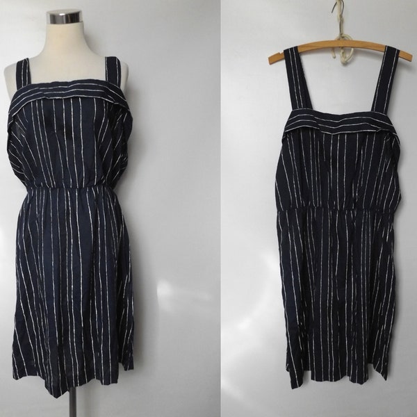 vintage 80s striped navy blue sundress, large extra large L / XL, sleeveless tank top cotton midi length dress, 1980s preppy casual fashion