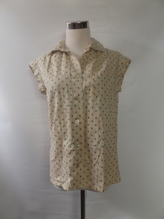 70s handmade small floral print blouse, small, br… - image 2