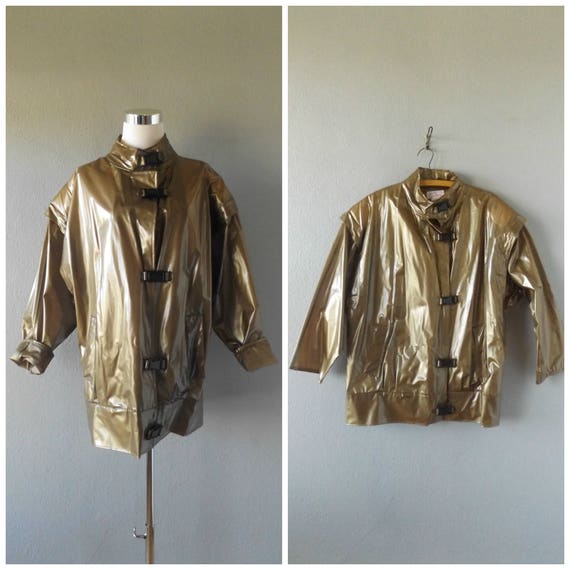 gold vinyl rain jacket | vintage 80s oversize ladi