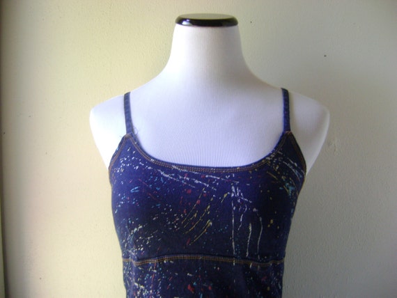 Y2K 90s denim mini dress / vintage paint splash s… - image 2