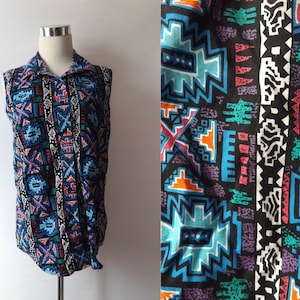 vintage 90s retro western print lady&#39;s oxford blouse, size large L, sleeveless button up south west geometric pattern button up, 1990s retro