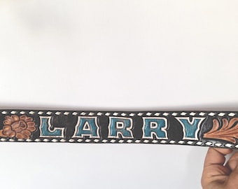 Vintage 80s Tooled Leather Belt – Personalized Larry Name Belt, 1980s Western Belt, Custom Gift for Him, Cowboy Rodeo Style waist size 33-34
