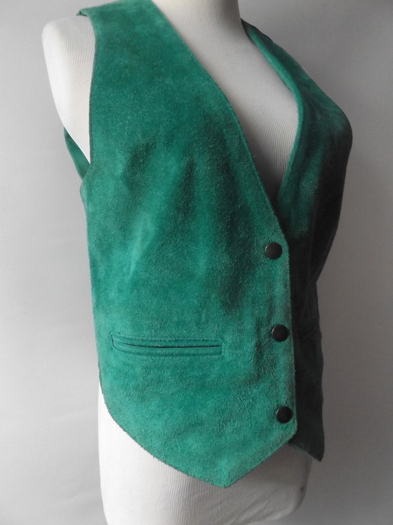 vintage 80s Kelly green suede leather vest, mediu… - image 2