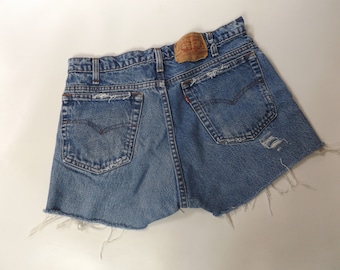 vintage levi cut off denim shorts - 34 waist - medium blue wash cutoff blue jean levi's strauss shorts - 1990s grunge hippie bohemian boho