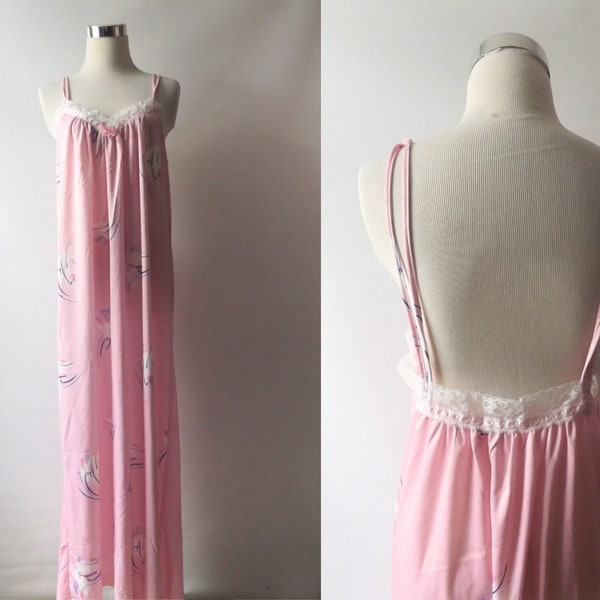vintage 60s pink abstract print slip dress, size small S, floor length low cut lingerie maxi sundress, 1960s hippie boho pink purple slip