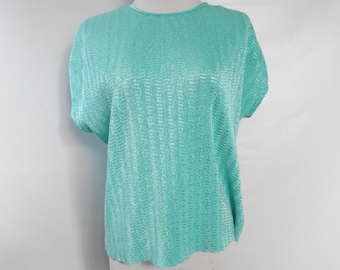 90s semi sheer green blouse, women's medium, pastel color short sleeve shirt, vintage 1990s minimal capsule wardrobe fashion loose boxy fit