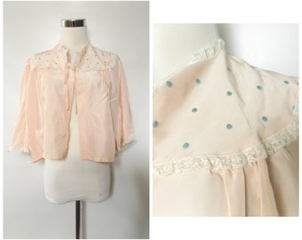 vintage 50s lace rayon blouse - size medium M - pink cropped flowy blouse - blue polka dot cop tops - 1950s preppy pin up rockabilly ladies