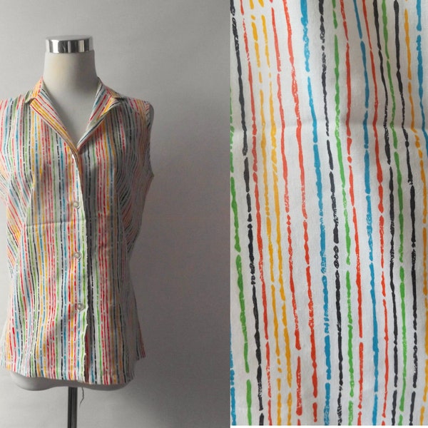 vintage 60s novelty print rainbow stripe lady's blouse, size small S, sleeveless button up oxford women's shirt, 1960s preppy cotton top