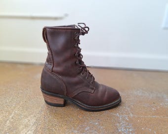 Vintage Leather Logger Boots, Women's Size 7, Stacked Heel
