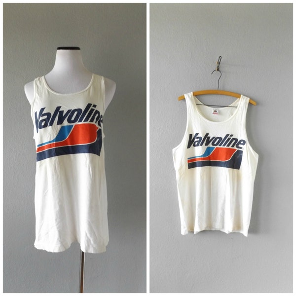 Worn In Valvoline Tank Top Vintage 90s Grunge Oversized Boxy Fit Mens Womens Large Cotton Top Shirt Hipster Boho Dress 1990s Graphic Print