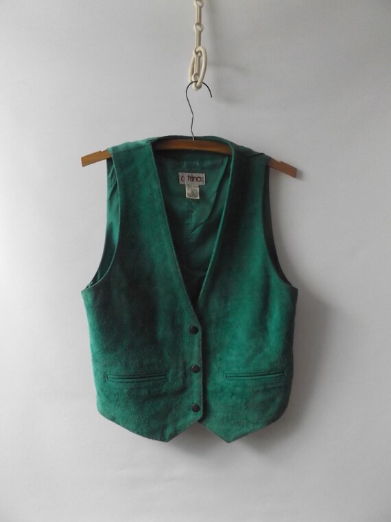 vintage 80s Kelly green suede leather vest, mediu… - image 10