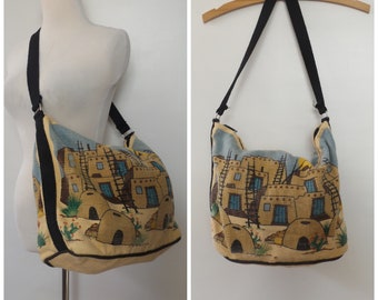 vintage 80s oversize southwest purse - woven cotton crossbody handbags - south west adobe print shoulder bags - 1980s hippie boho travel bag