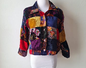 Vintage 90s Velvet Patchwork Cropped Jacket, Floral Print, Button-Down