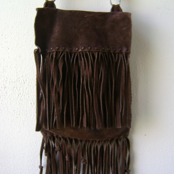 60s suede FRINGE handbag vintage hippie boho leather cross body bag dark brown festival small tote southwestern native american purse 1960s