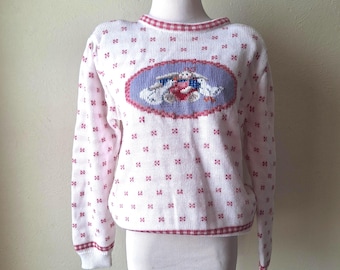 Vintage 80s Knit Sweater: Bunny & Geese Print, Size M
