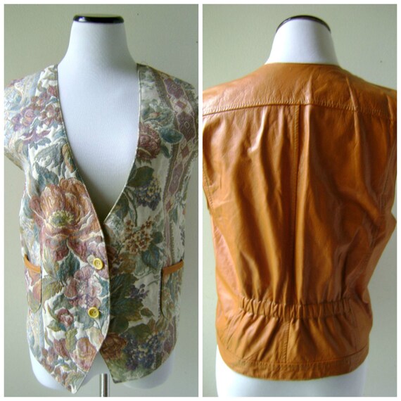 80s Floral Tapestry Leather Vest Button Down Fron… - image 1