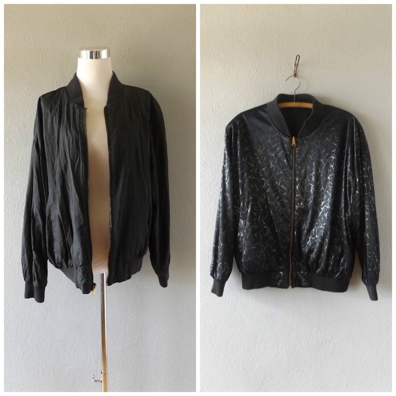 hip hop hipster oversize outerwear vintage 80s black nylon unisex coat 1980s top metallic gold reversible bomber jacket os one size