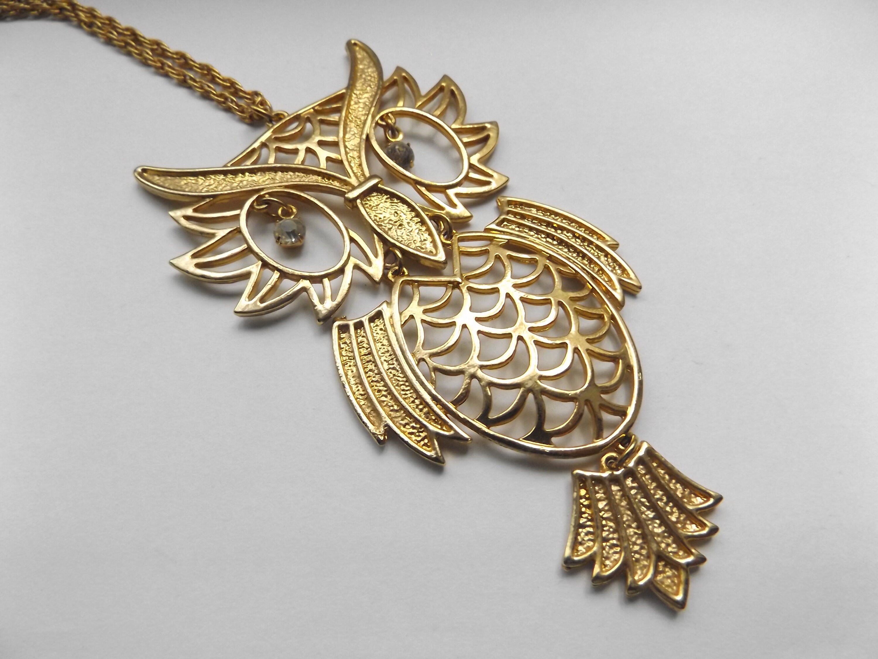 Vintage 70s Oversized Owl Pendant Necklace, Gold Metal Rhinestone Jewelry